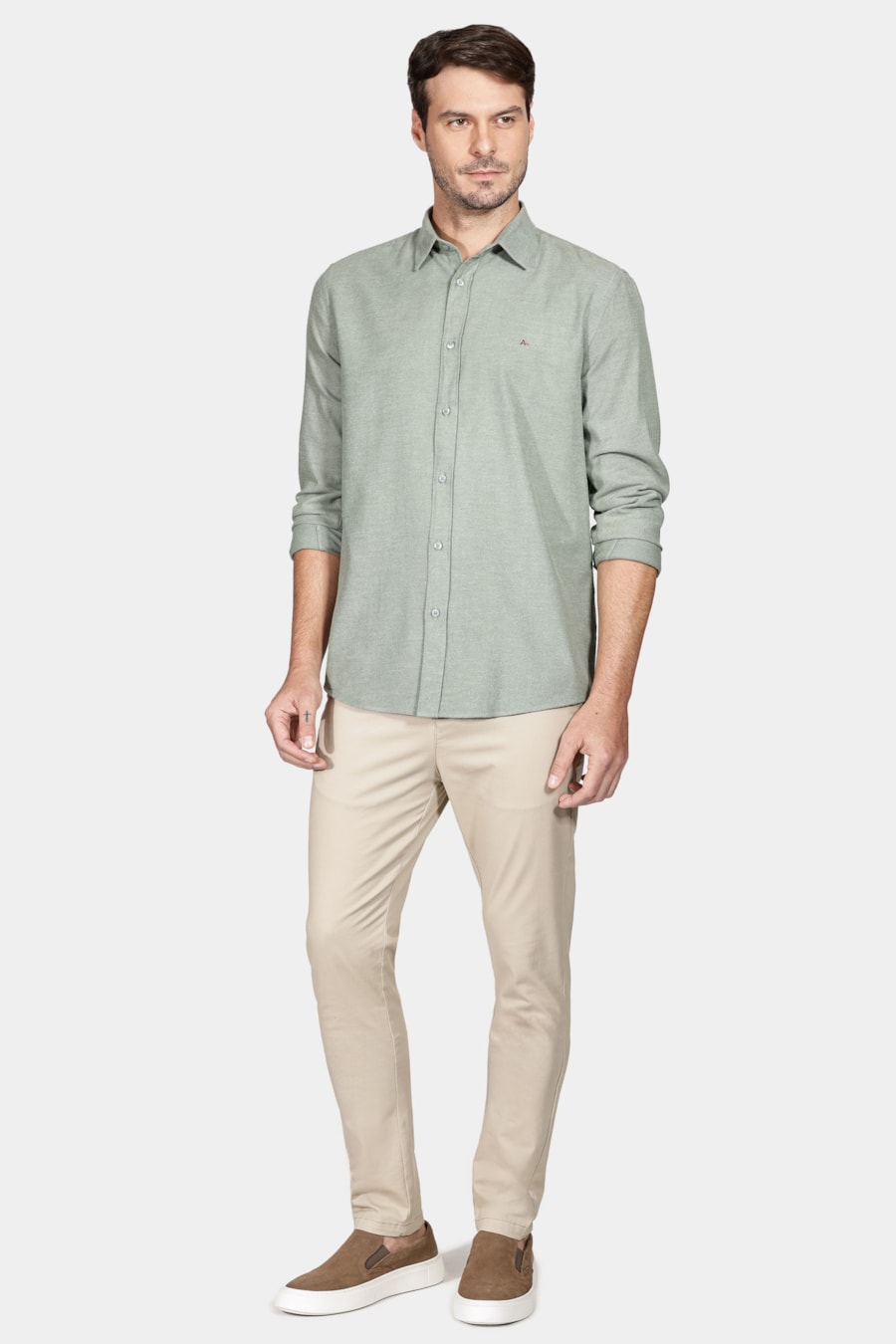 Camisa Manga Longa Regular Flannel Twill Verde Militar — foto 2 de 6