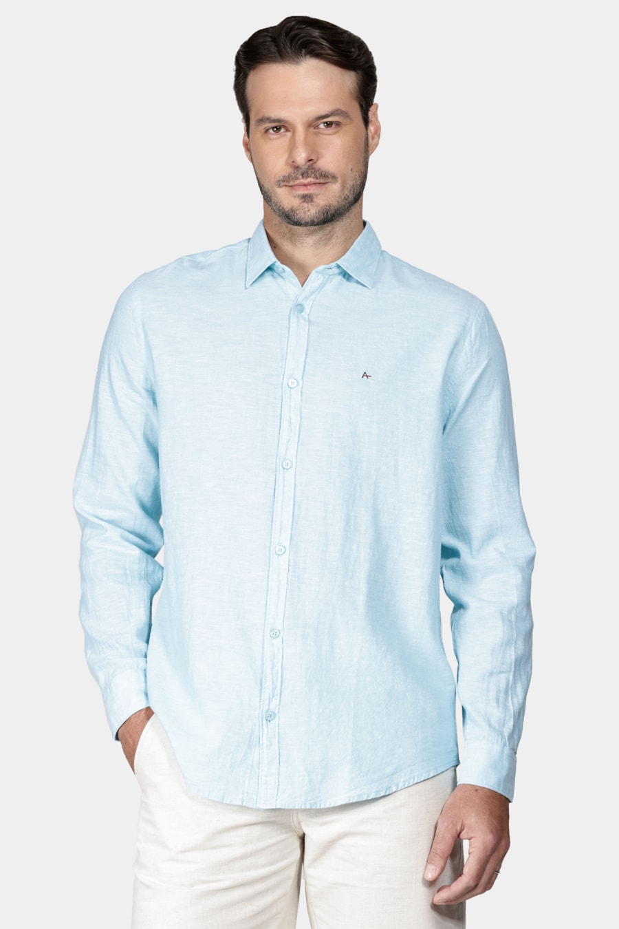 Camisa Manga Longa Regular Linho Algodão Azul Turquesa — foto 1 de 5