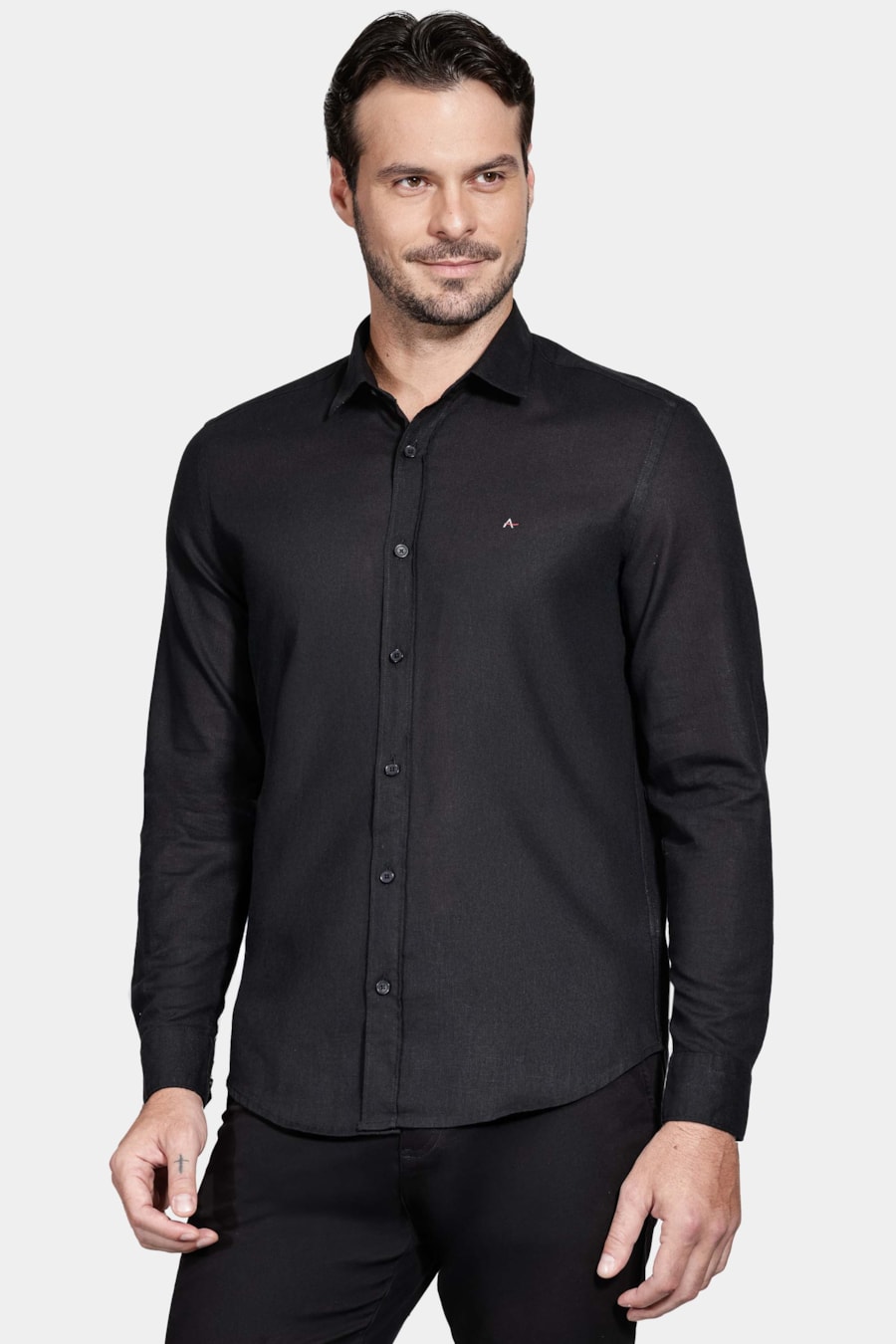 Camisa Manga Longa Regular Linho Algodão Preto — foto 1 de 5