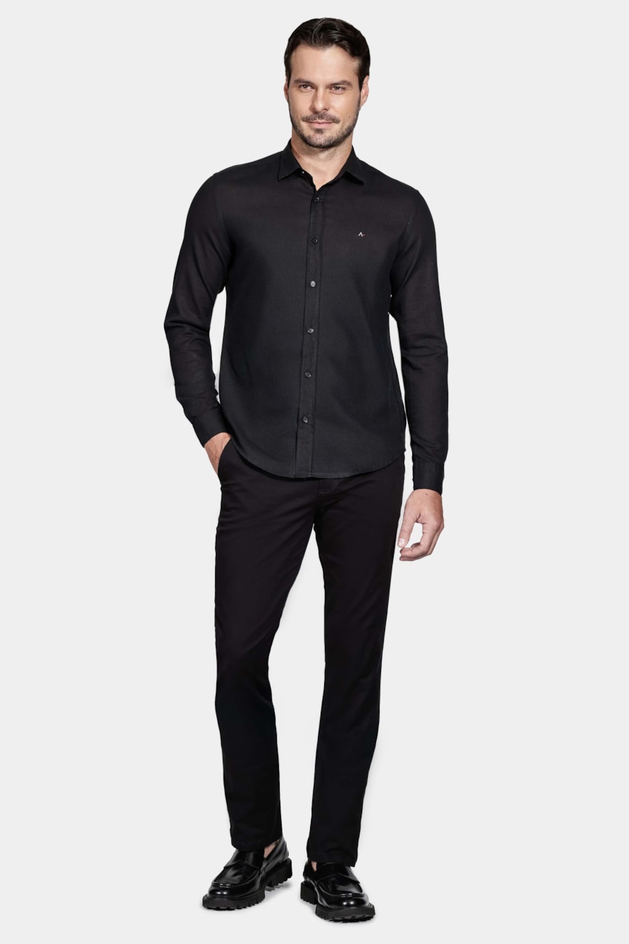 Camisa Manga Longa Regular Linho Algodão Preto — foto 2 de 5