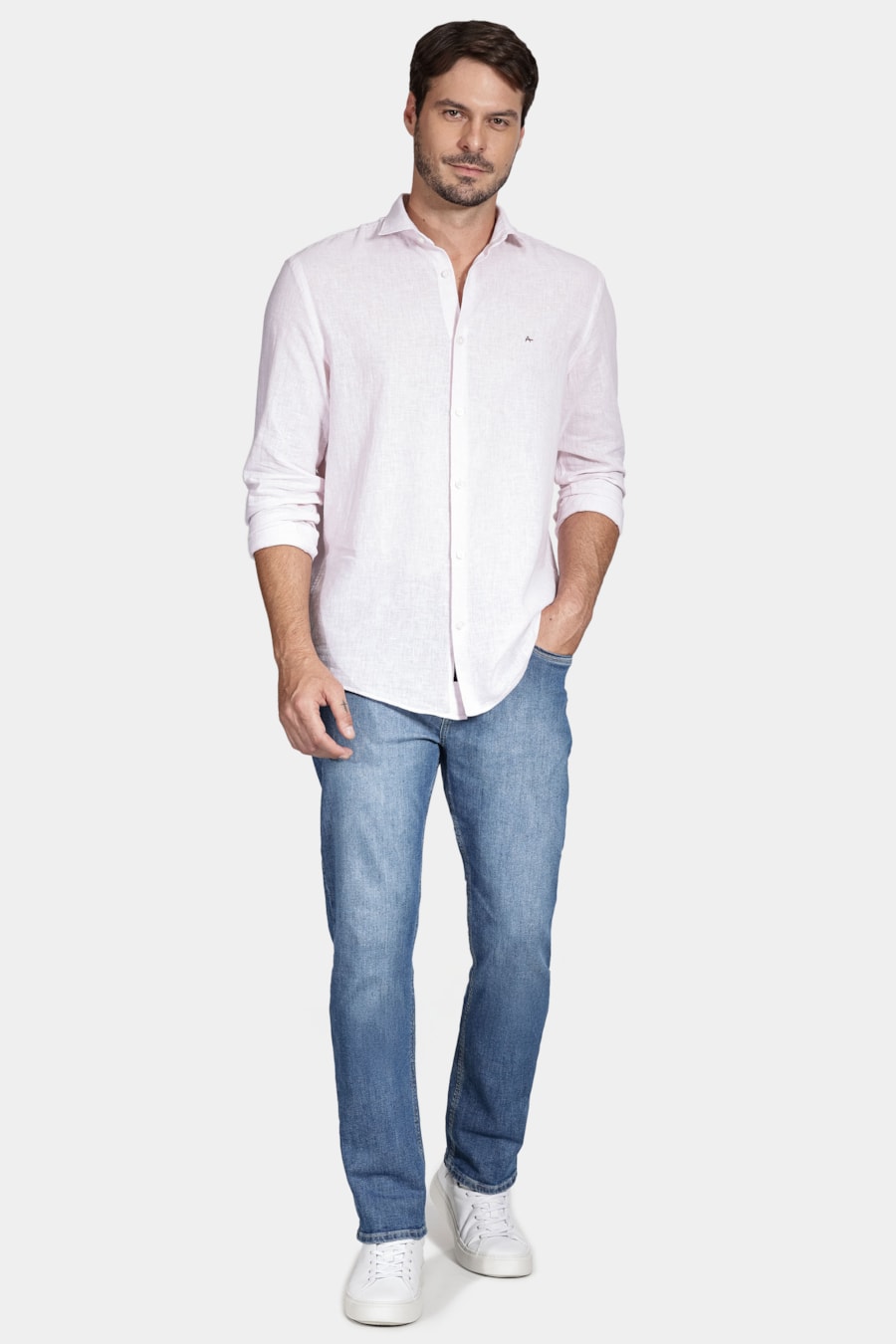 Camisa Manga Longa Regular Linho Algodão Rosa — foto 2 de 5