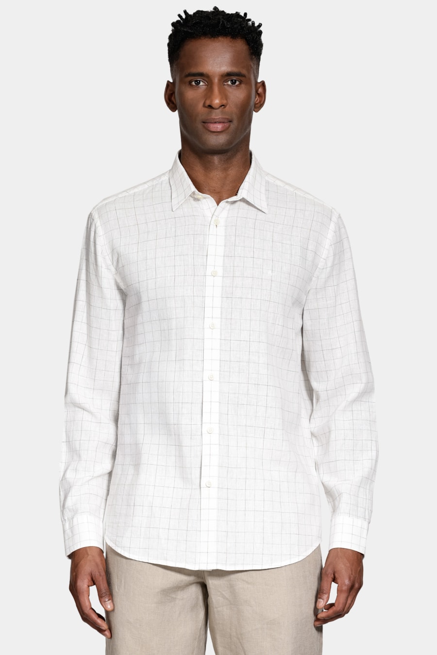 Camisa Manga Longa Regular Linho Jacquard Xadrez Branco C/Caqui — foto 1 de 7