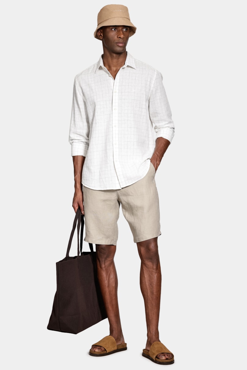 Camisa Manga Longa Regular Linho Jacquard Xadrez Branco C/Caqui