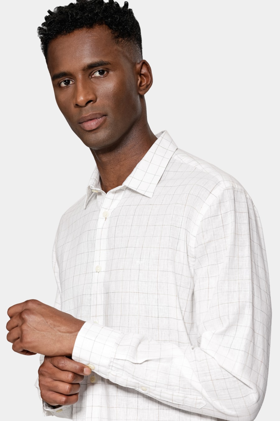 Camisa Manga Longa Regular Linho Jacquard Xadrez Branco C/Caqui — foto 3 de 7
