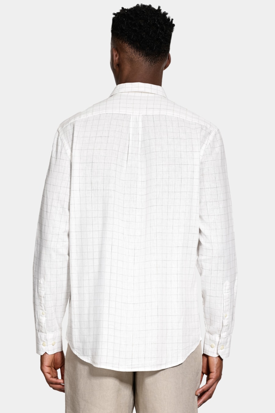 Camisa Manga Longa Regular Linho Jacquard Xadrez Branco C/Caqui — foto 4 de 7