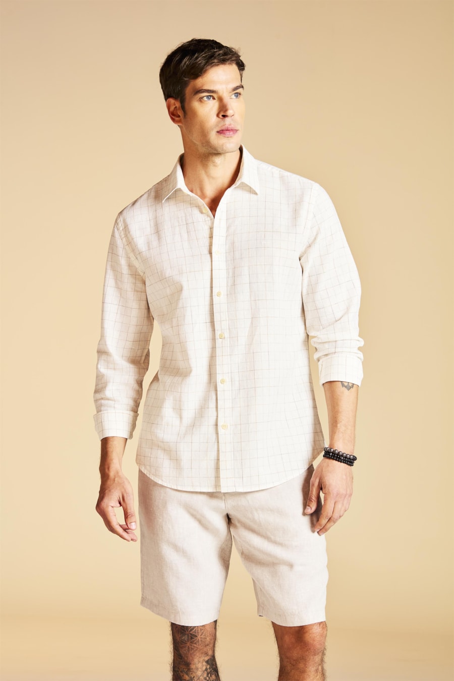 Camisa Manga Longa Regular Linho Jacquard Xadrez Branco C/Caqui — foto 7 de 7