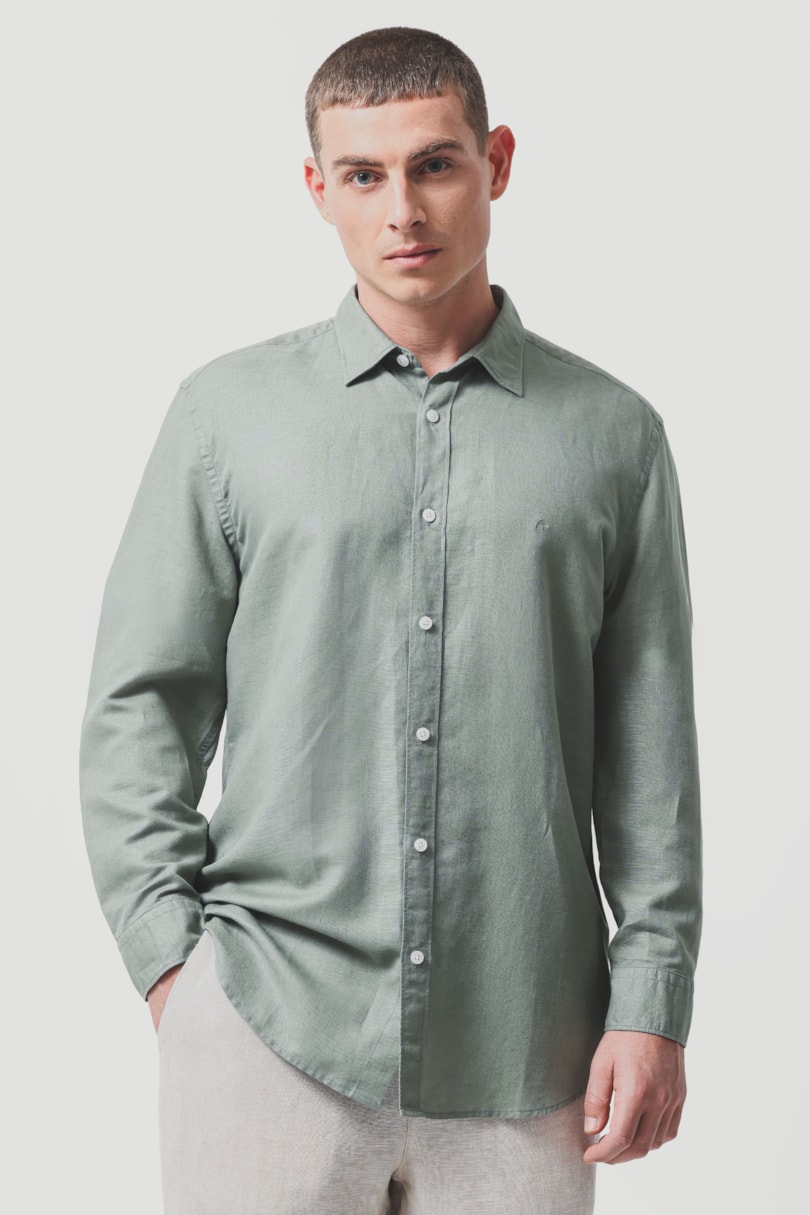Camisa Manga Longa Regular Linho Verde Folha