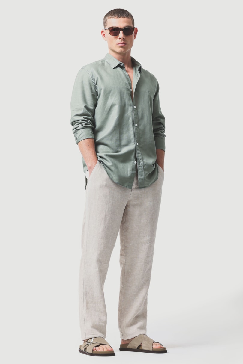 Camisa Manga Longa Regular Linho Verde Folha