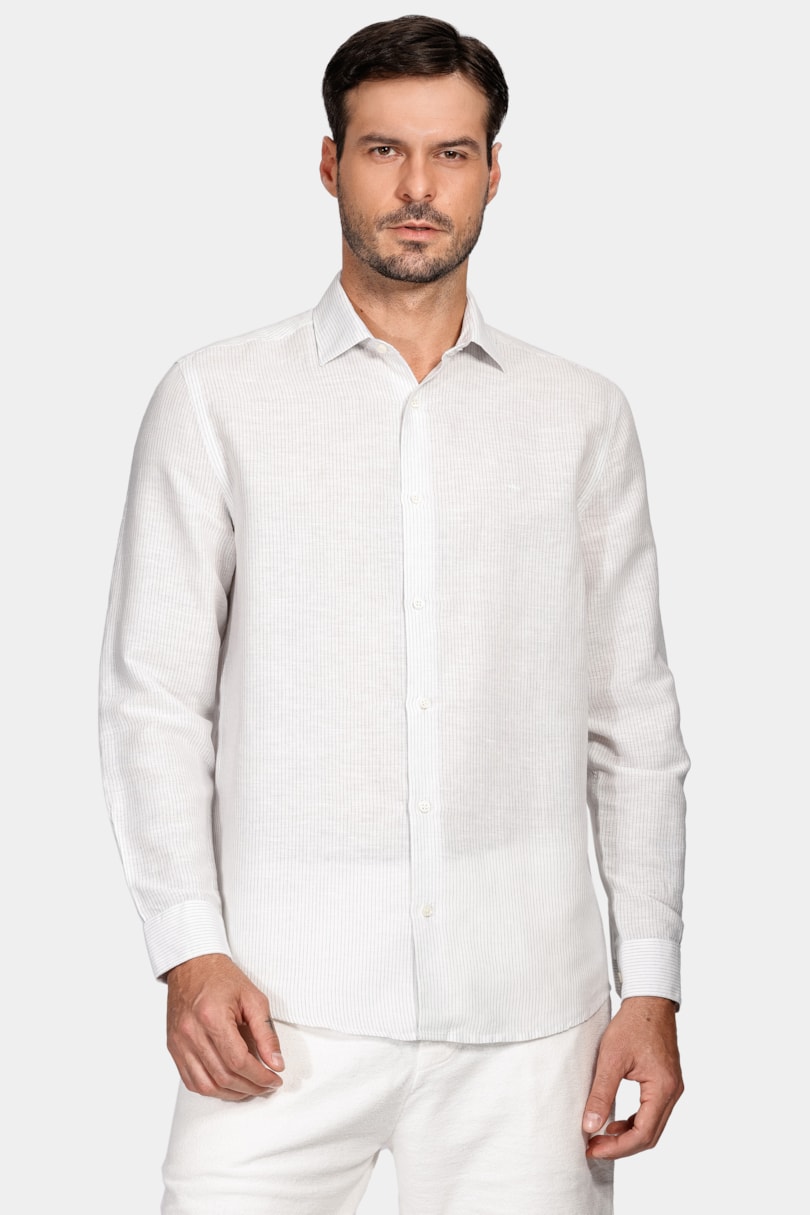 Camisa Manga Longa Regular Listrada Linho Algodão Branco Com Azul