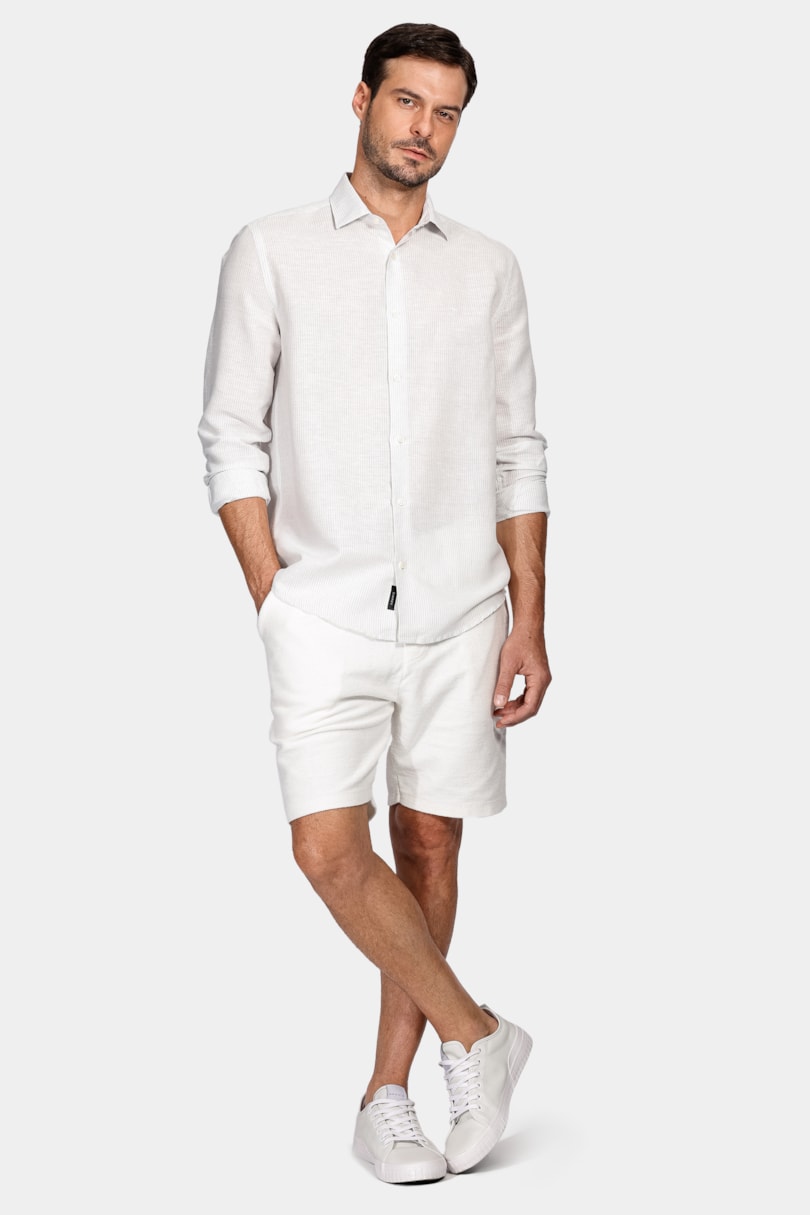 Camisa Manga Longa Regular Listrada Linho Algodão Branco Com Azul