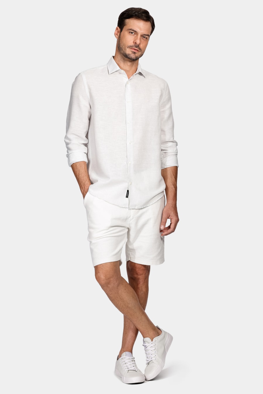 Camisa Manga Longa Regular Listrada Linho Algodão Branco Com Azul — foto 2 de 5