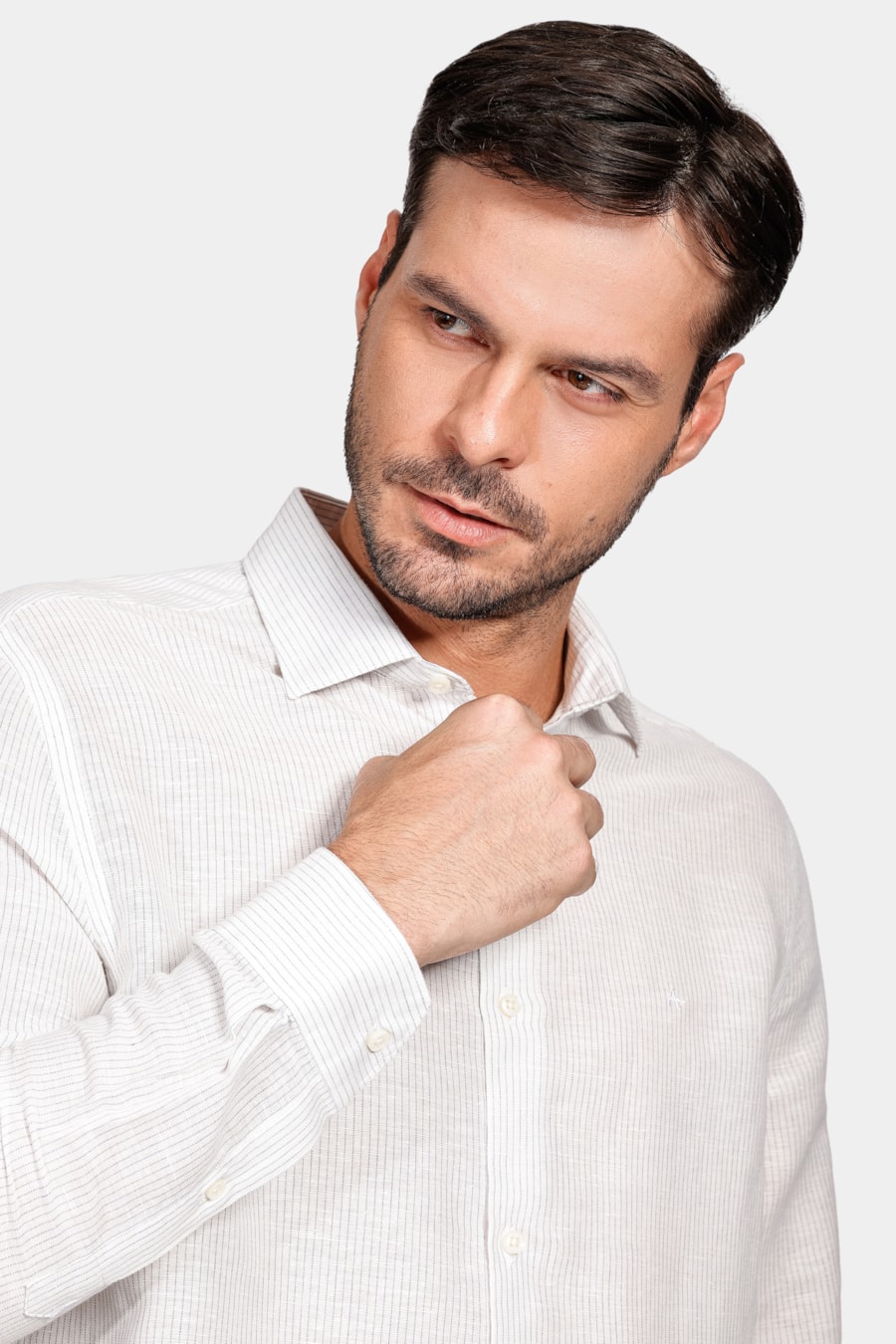 Camisa Manga Longa Regular Listrada Linho Algodão Branco Com Azul — foto 3 de 5