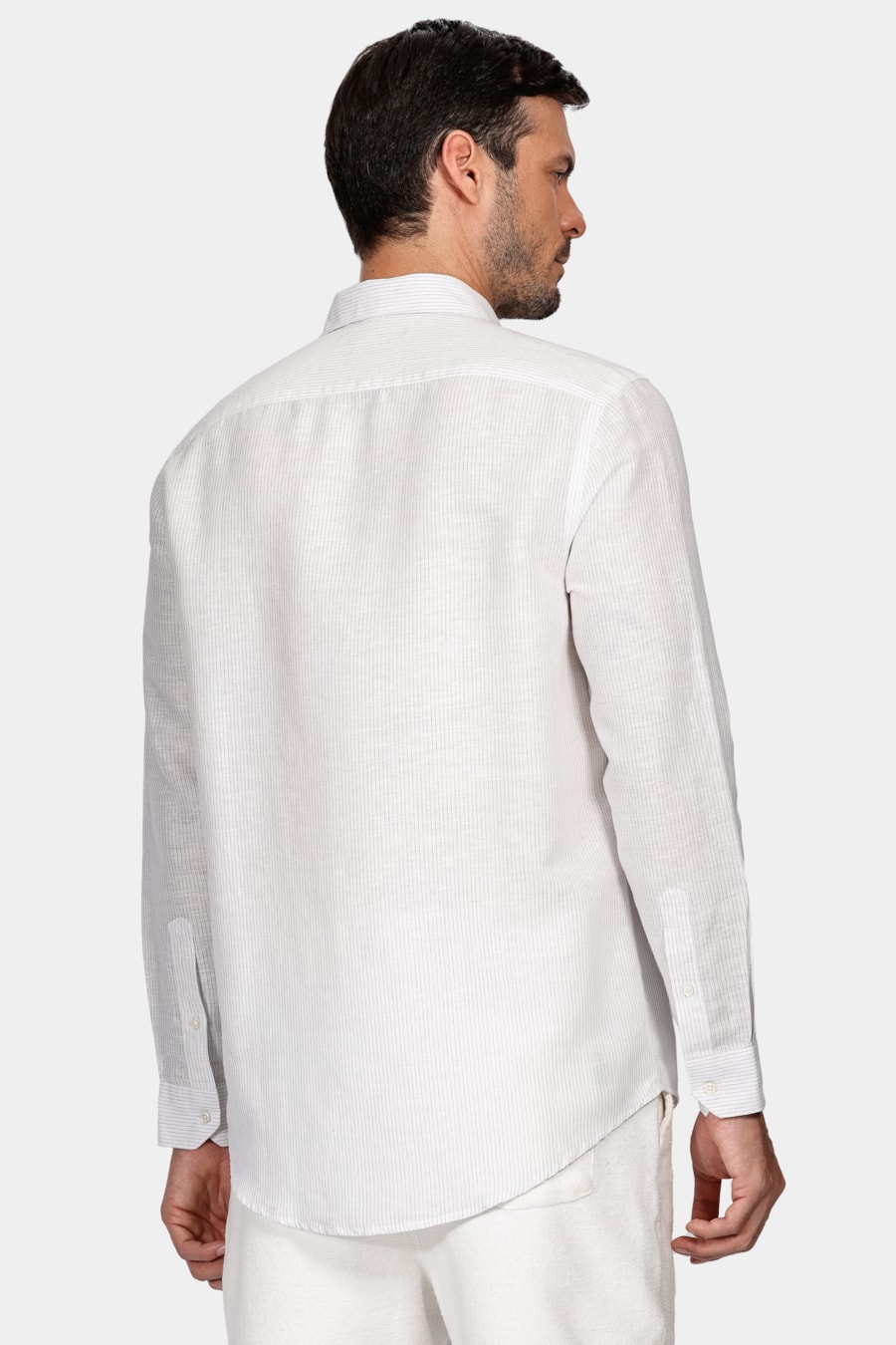 Camisa Manga Longa Regular Listrada Linho Algodão Branco Com Azul — foto 4 de 5