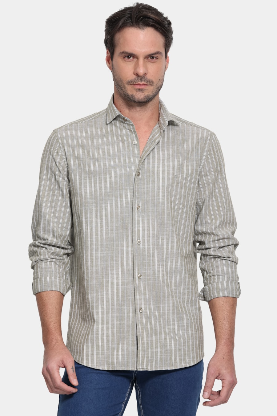 Camisa Manga Longa Regular Los Angeles Listrado Verde Militar — foto 1 de 6