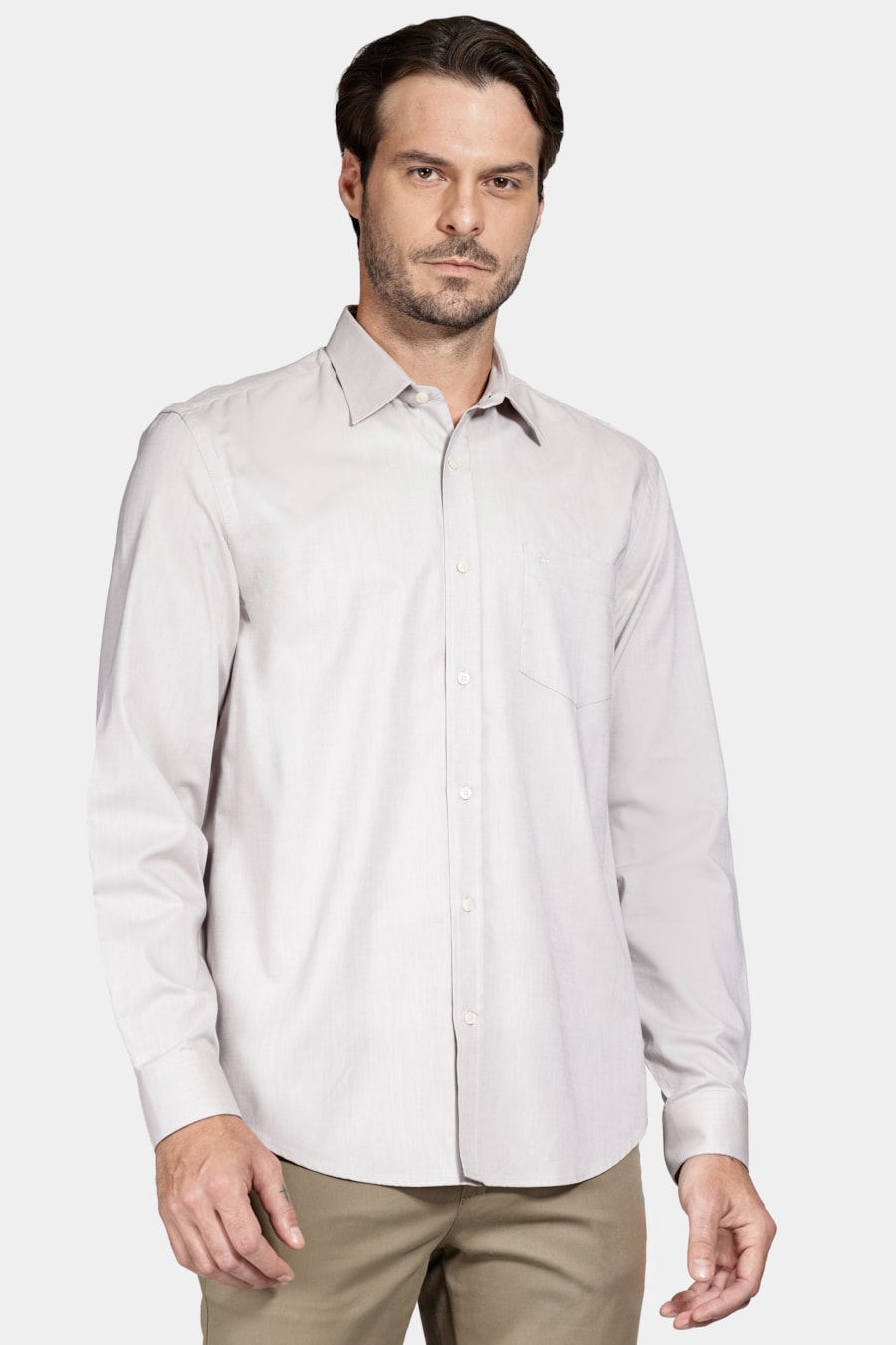 Camisa Manga Longa Regular Malha Algodão Pinpoint Areia — foto 2 de 7