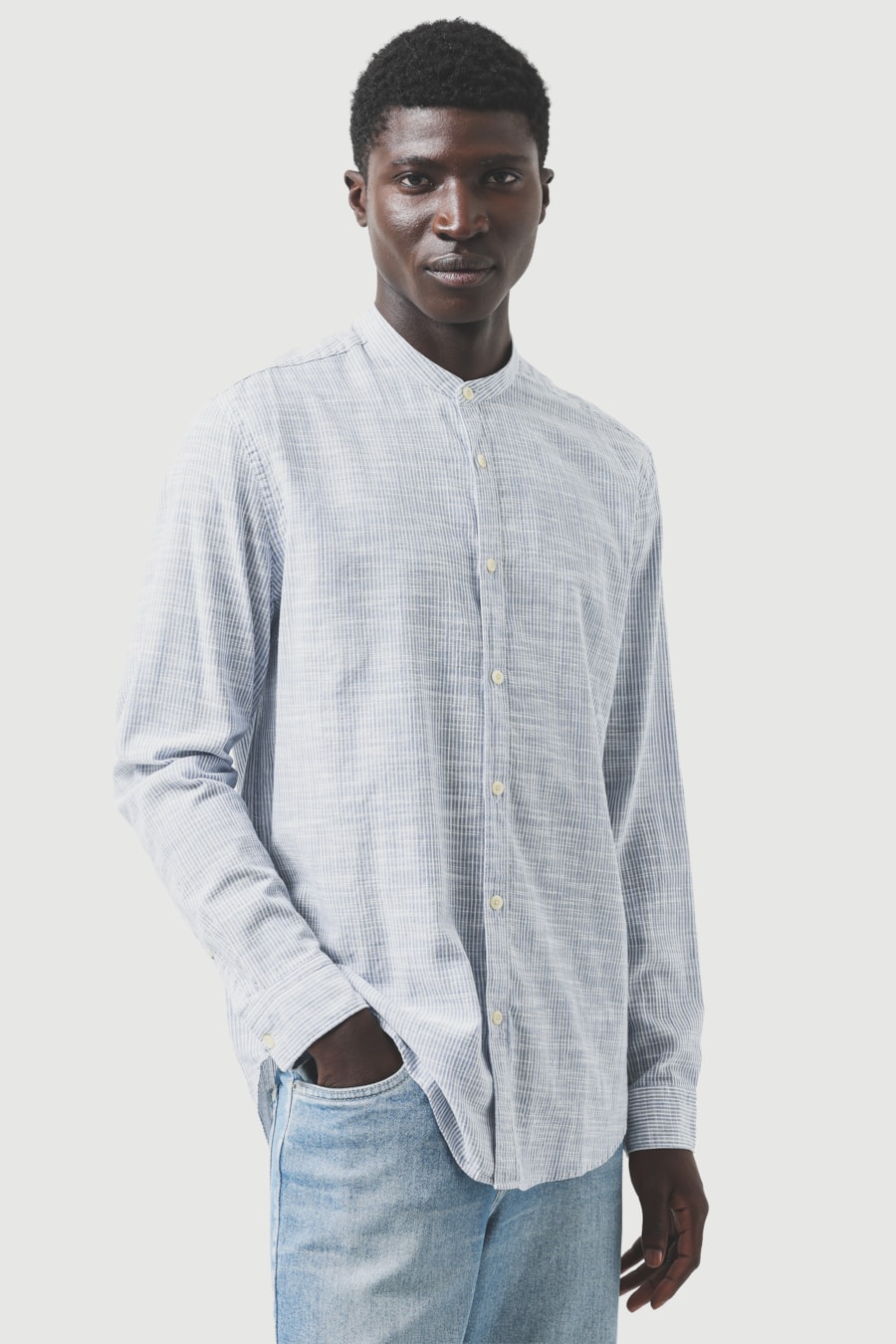 Camisa Manga Longa Regular Mandarin Flame Listrada Azul C/Branco — foto 1 de 6