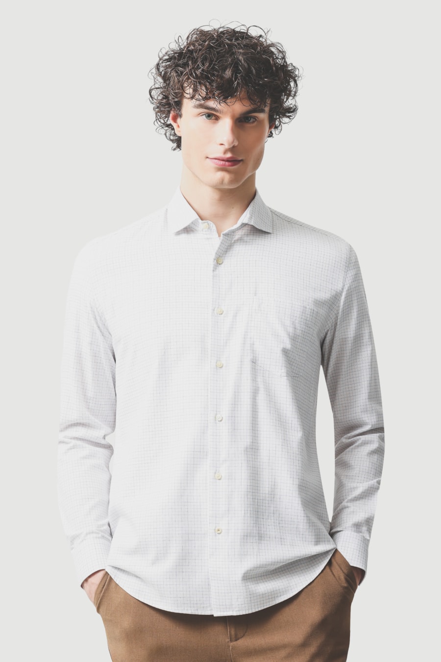 Camisa Manga Longa Regular Maquinetada Xadrez Branco Com Caramelo — foto 1 de 6