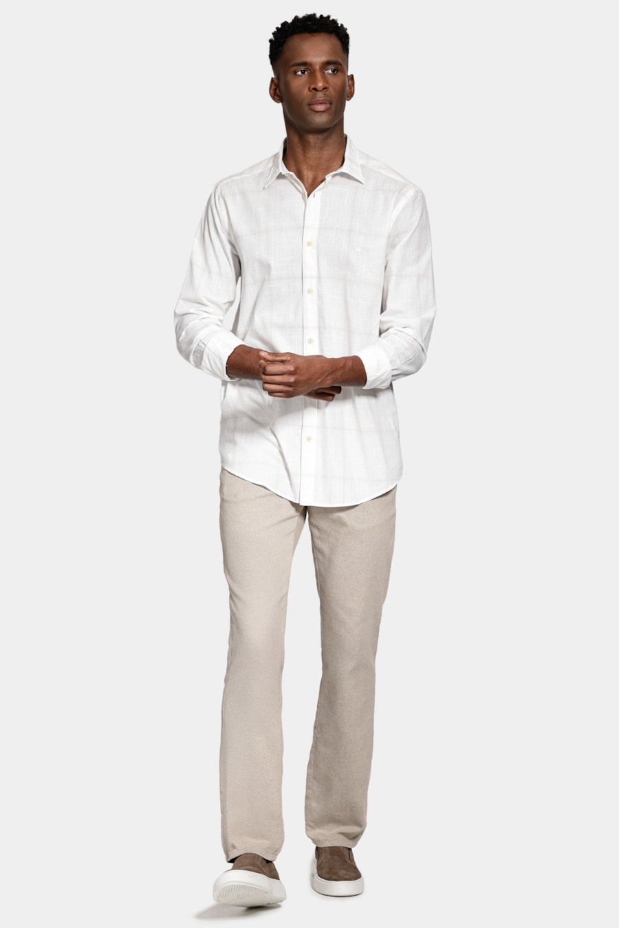 Camisa Manga Longa Regular Maxi Xadrez Branco C/Caqui — foto 2 de 6