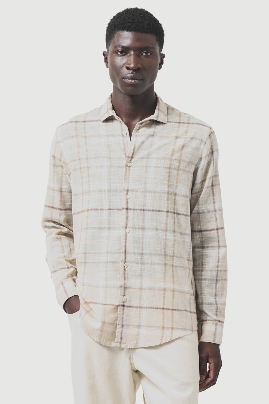 Camisa Manga Longa Regular Maxi Xadrez Flame Areia C/ Caqui — foto 1 de 8