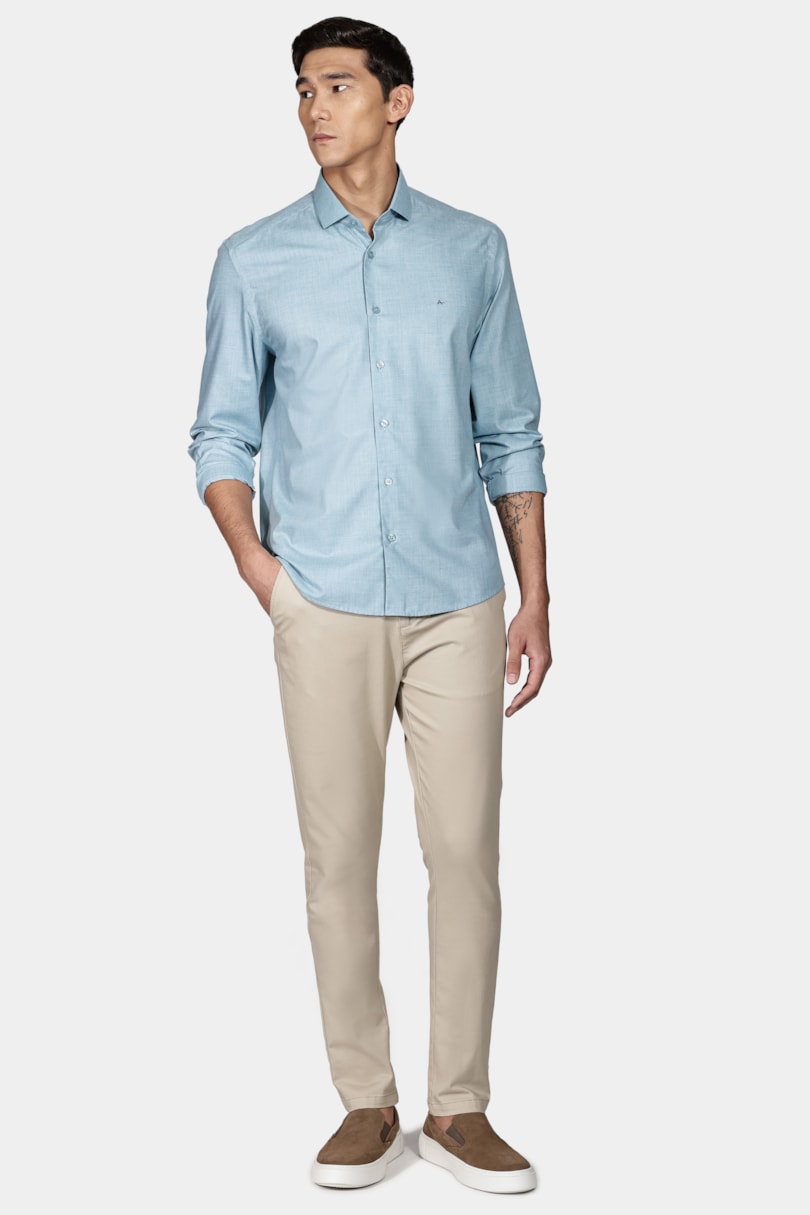 Camisa Manga Longa Regular Melange Azul Turquesa