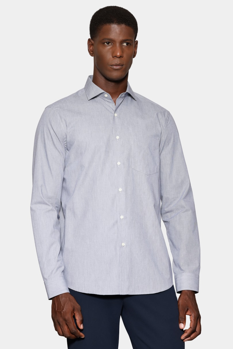 Camisa Manga Longa Regular Micro Xadrez Bolso Azul C/Branco