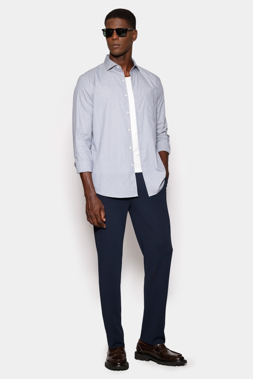 Camisa Manga Longa Regular Micro Xadrez Bolso Azul C/Branco