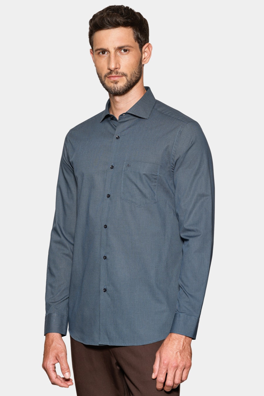 Camisa Manga Longa Regular Micro Xadrez Bolso Marinho C/Cinza — foto 1 de 6