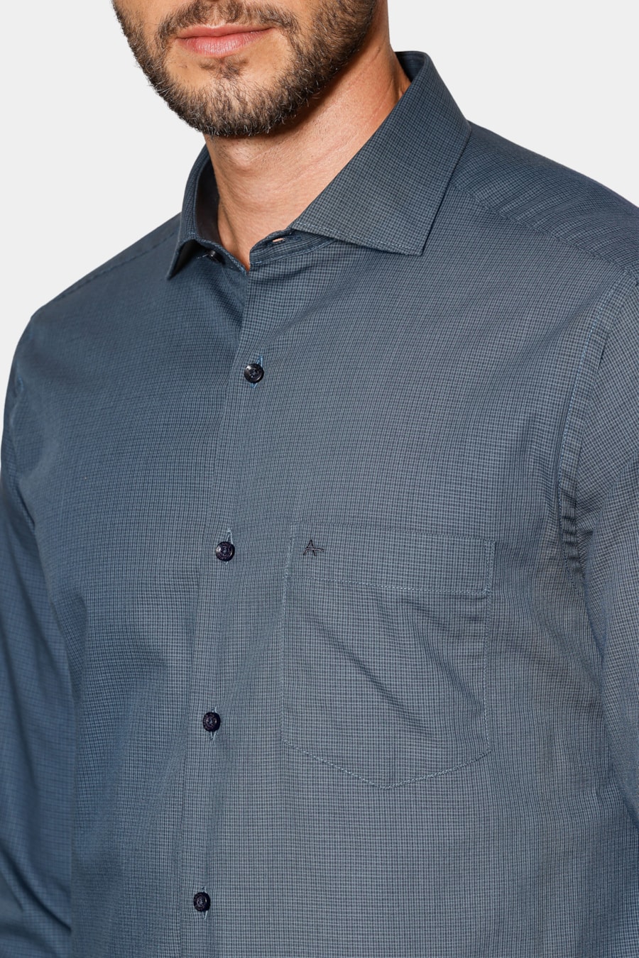 Camisa Manga Longa Regular Micro Xadrez Bolso Marinho C/Cinza — foto 3 de 6