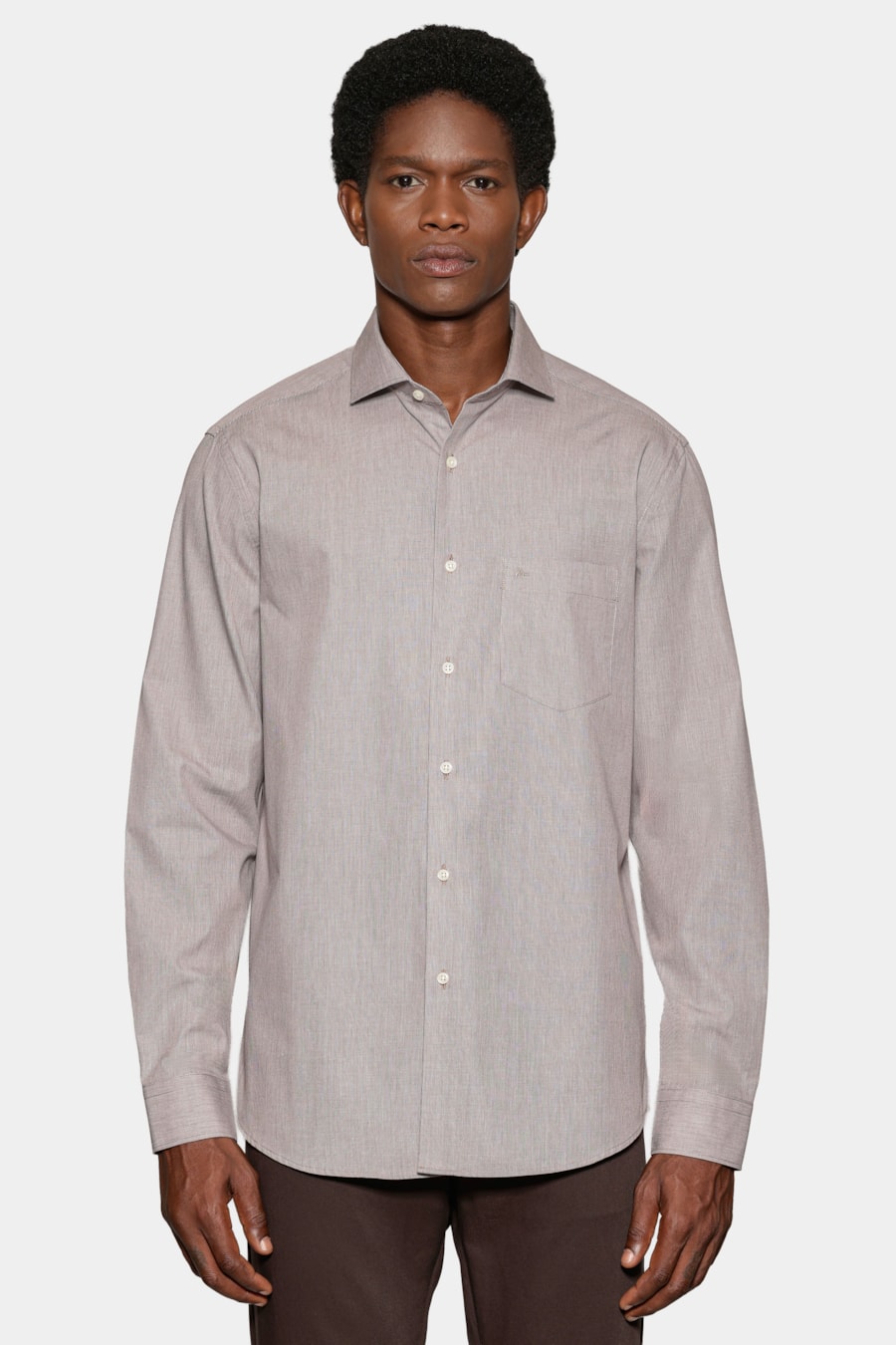 Camisa Manga Longa Regular Micro Xadrez Bolso Off White C/ Café — foto 1 de 6