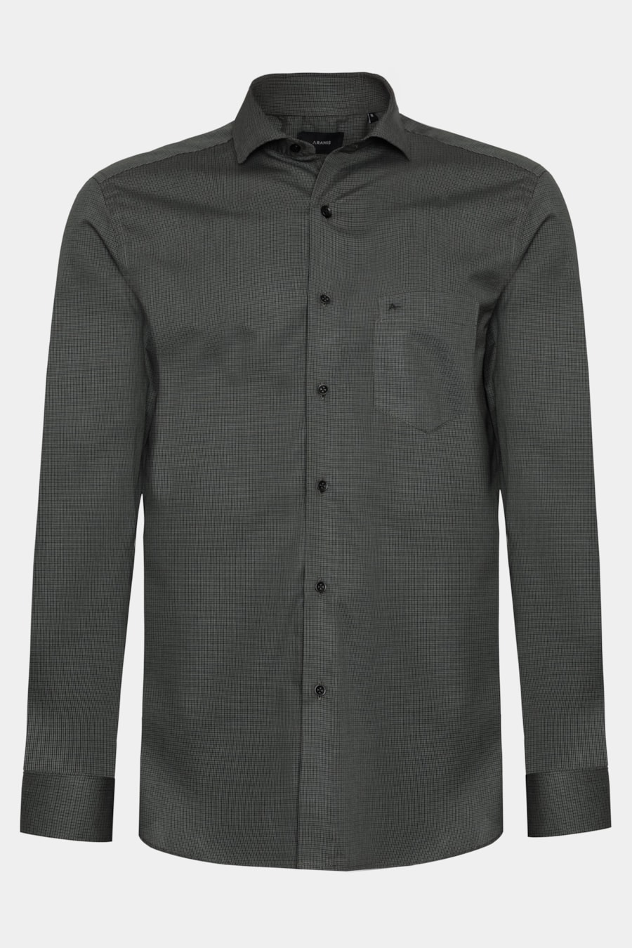 Camisa Manga Longa Regular Micro Xadrez Bolso Preto C/Verde — foto 4 de 5