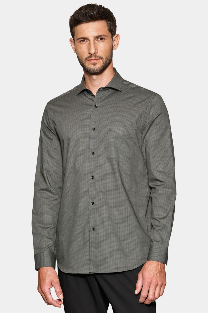 Camisa Manga Longa Regular Micro Xadrez Bolso Preto C/Verde