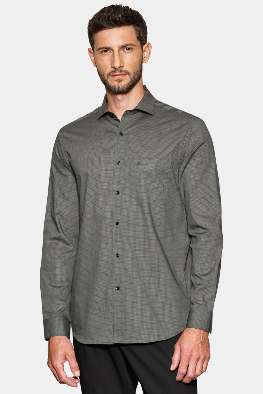 Camisa Manga Longa Regular Micro Xadrez Bolso Preto C/Verde — foto 1 de 5