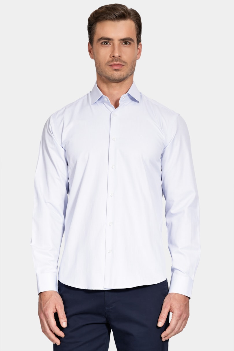 Camisa Manga Longa Regular Micro Xadrez Mix Branco C/Azul Claro