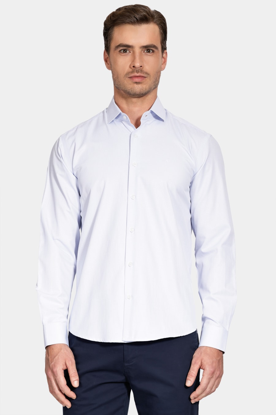 Camisa Manga Longa Regular Micro Xadrez Mix Branco C/Azul Claro — foto 1 de 6