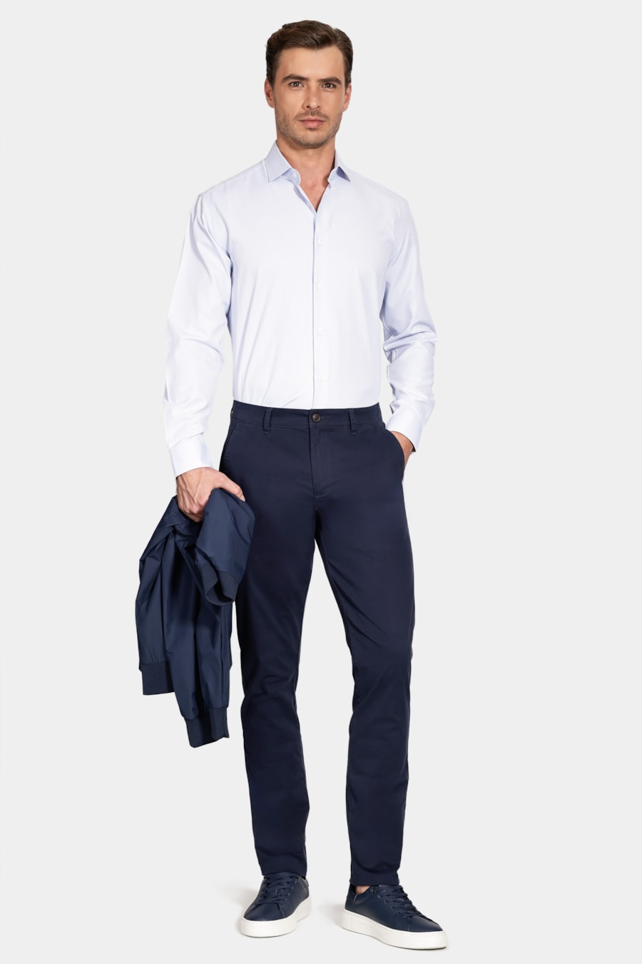 Camisa Manga Longa Regular Micro Xadrez Mix Branco C/Azul Claro — foto 2 de 6