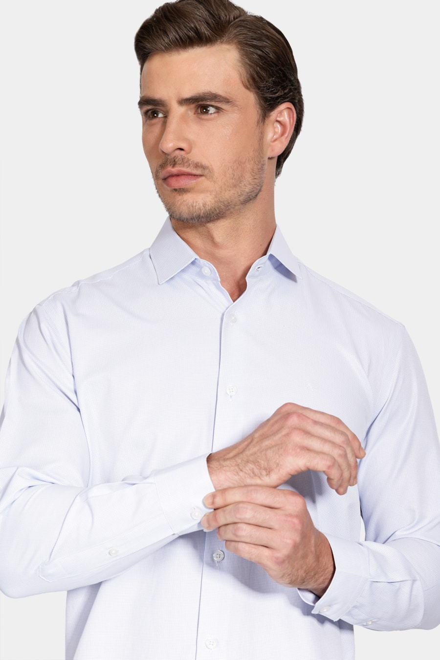 Camisa Manga Longa Regular Micro Xadrez Mix Branco C/Azul Claro — foto 3 de 6