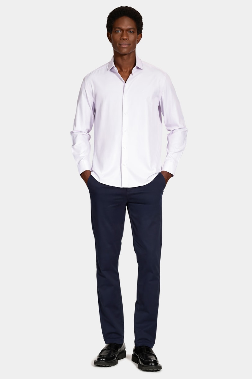 Camisa Manga Longa Regular Micro Xadrez Mix Branco C/Rosa
