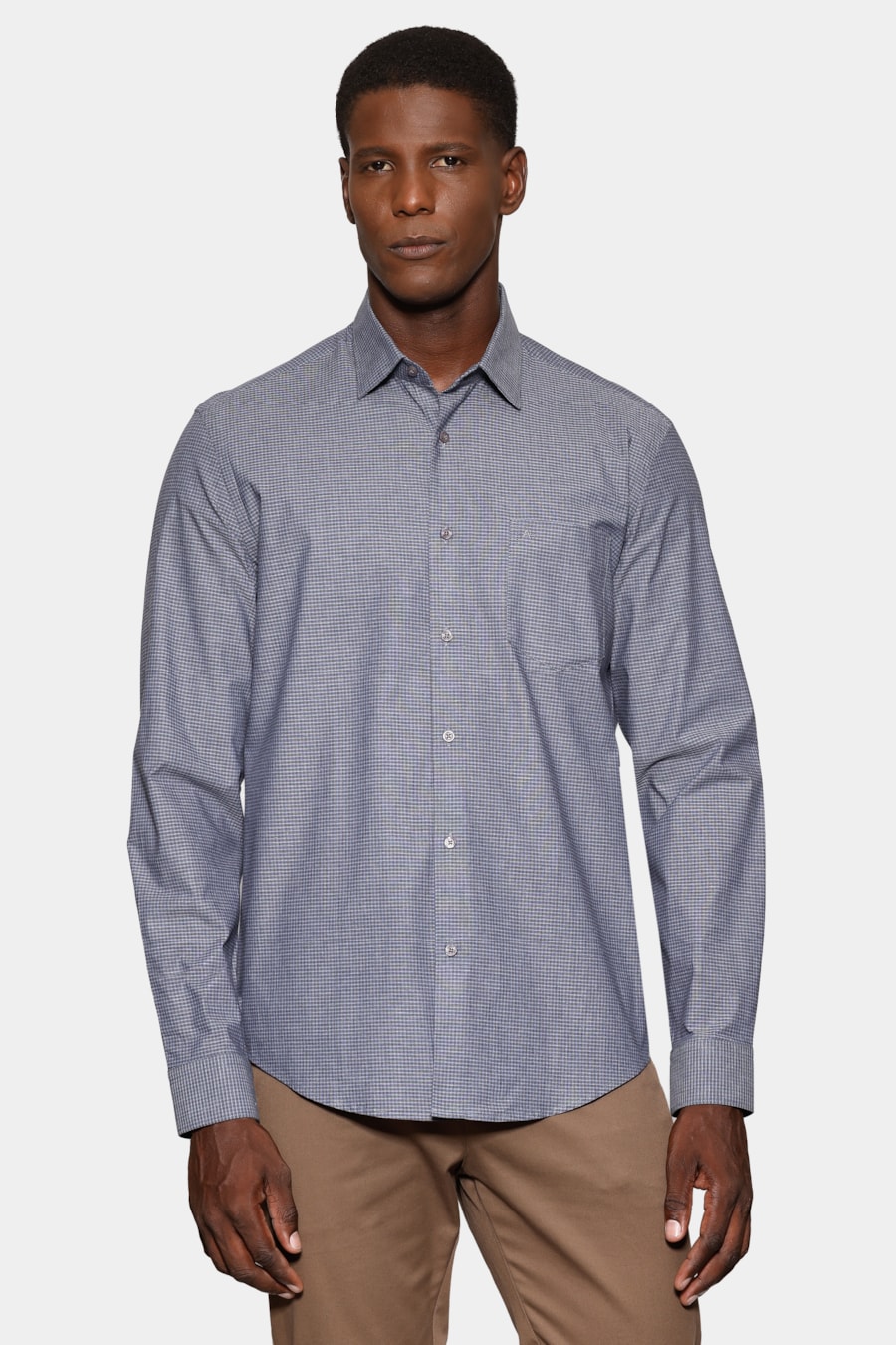 Camisa Manga Longa Regular Micro Xadrez St Bolso Azul C/ Marinho — foto 1 de 6