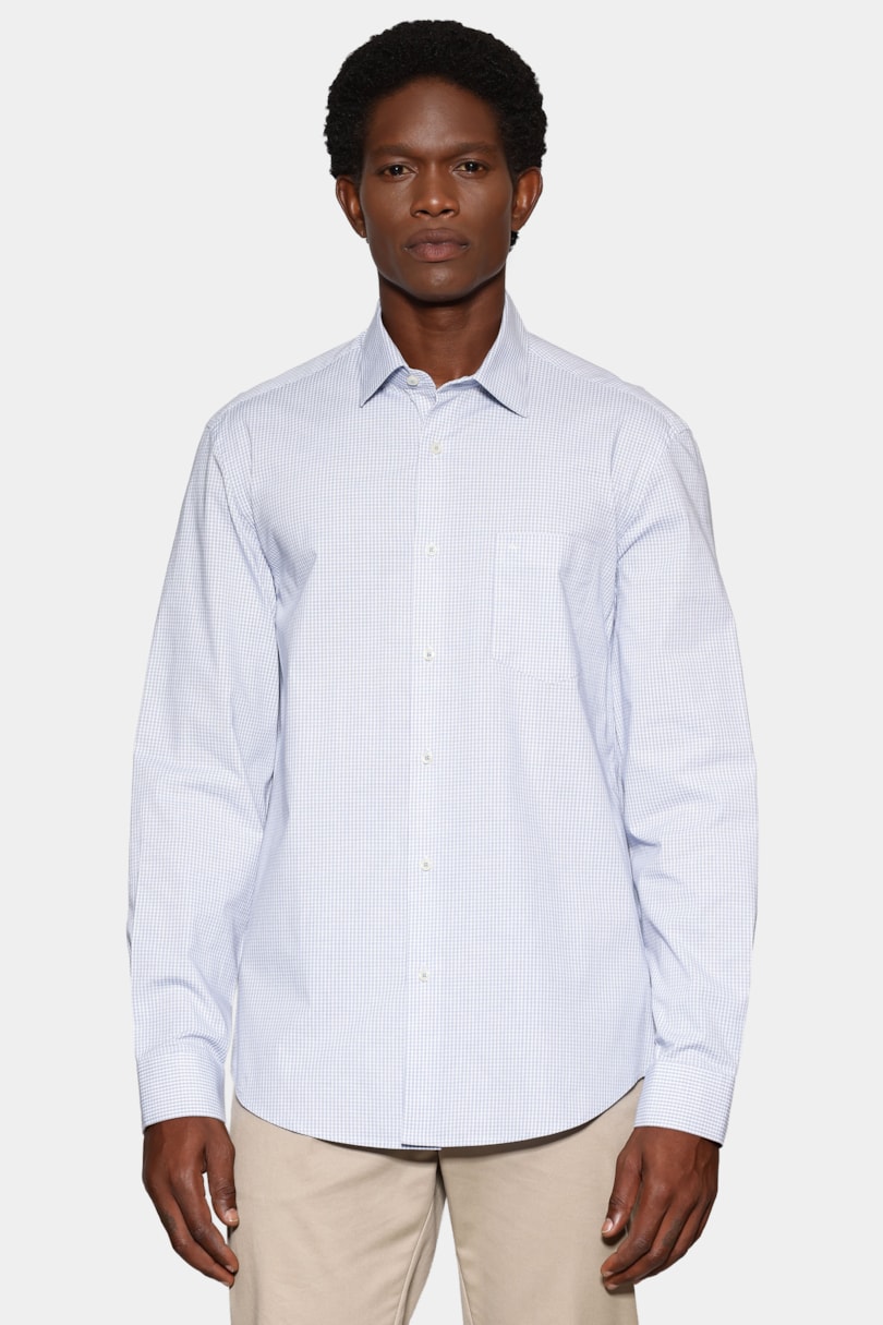 Camisa Manga Longa Regular Micro Xadrez St Bolso Branco C/Azul Medio