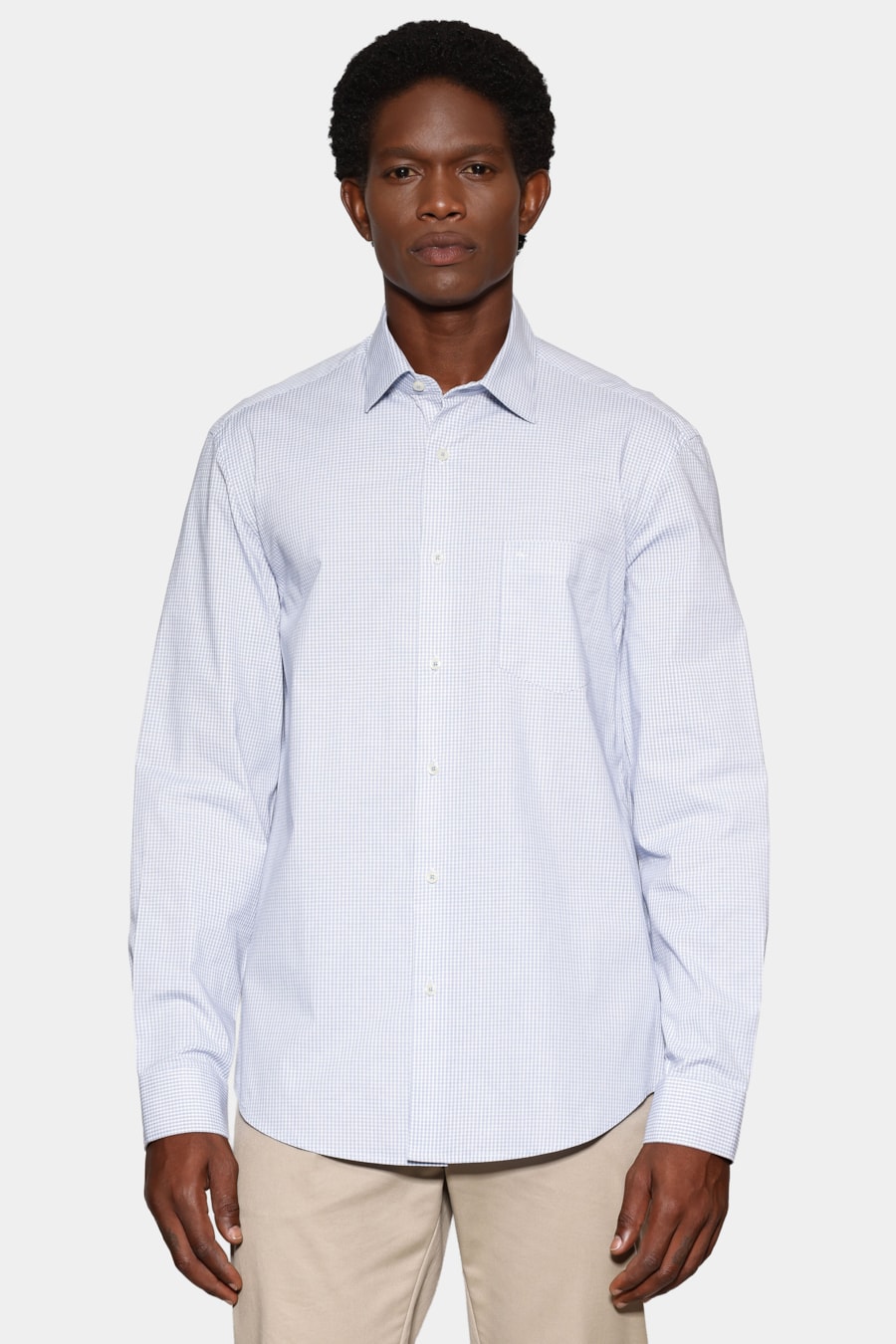 Camisa Manga Longa Regular Micro Xadrez St Bolso Branco C/Azul Medio — foto 1 de 6