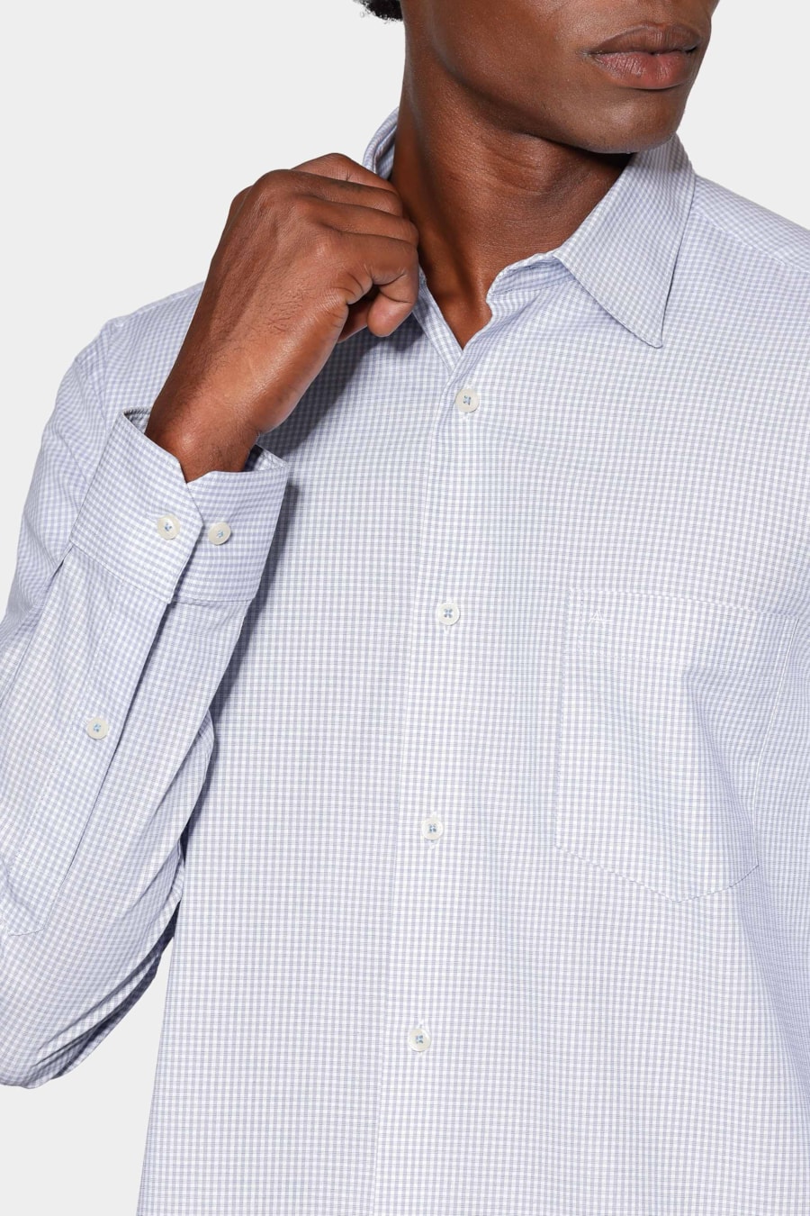 Camisa Manga Longa Regular Micro Xadrez St Bolso Branco C/Azul Medio — foto 3 de 6