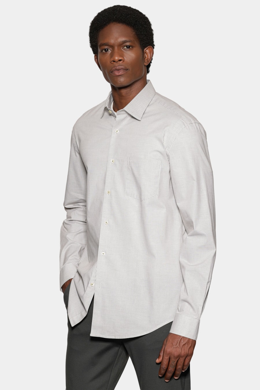 Camisa Manga Longa Regular Micro Xadrez St Bolso Branco C/ Verde Medio — foto 1 de 6