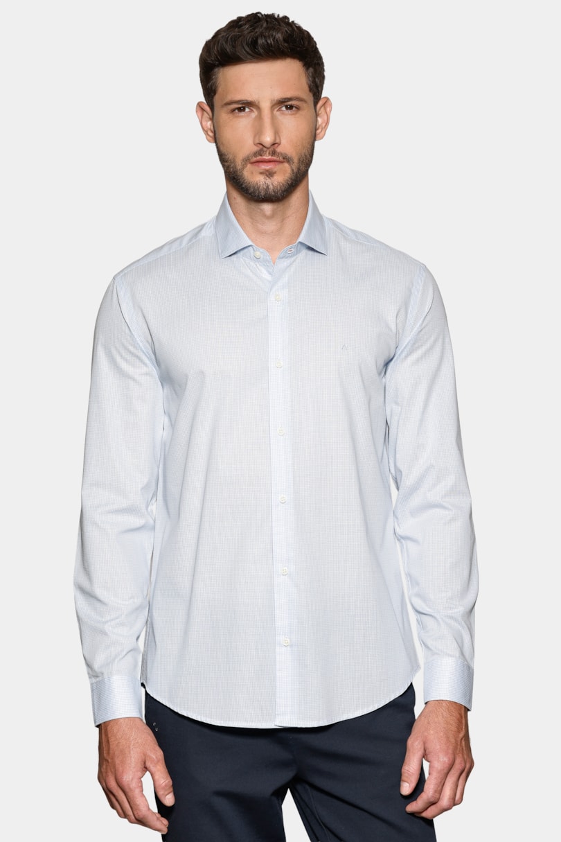 Camisa Manga Longa Regular Mini Xadrez Azul Claro C/Branco