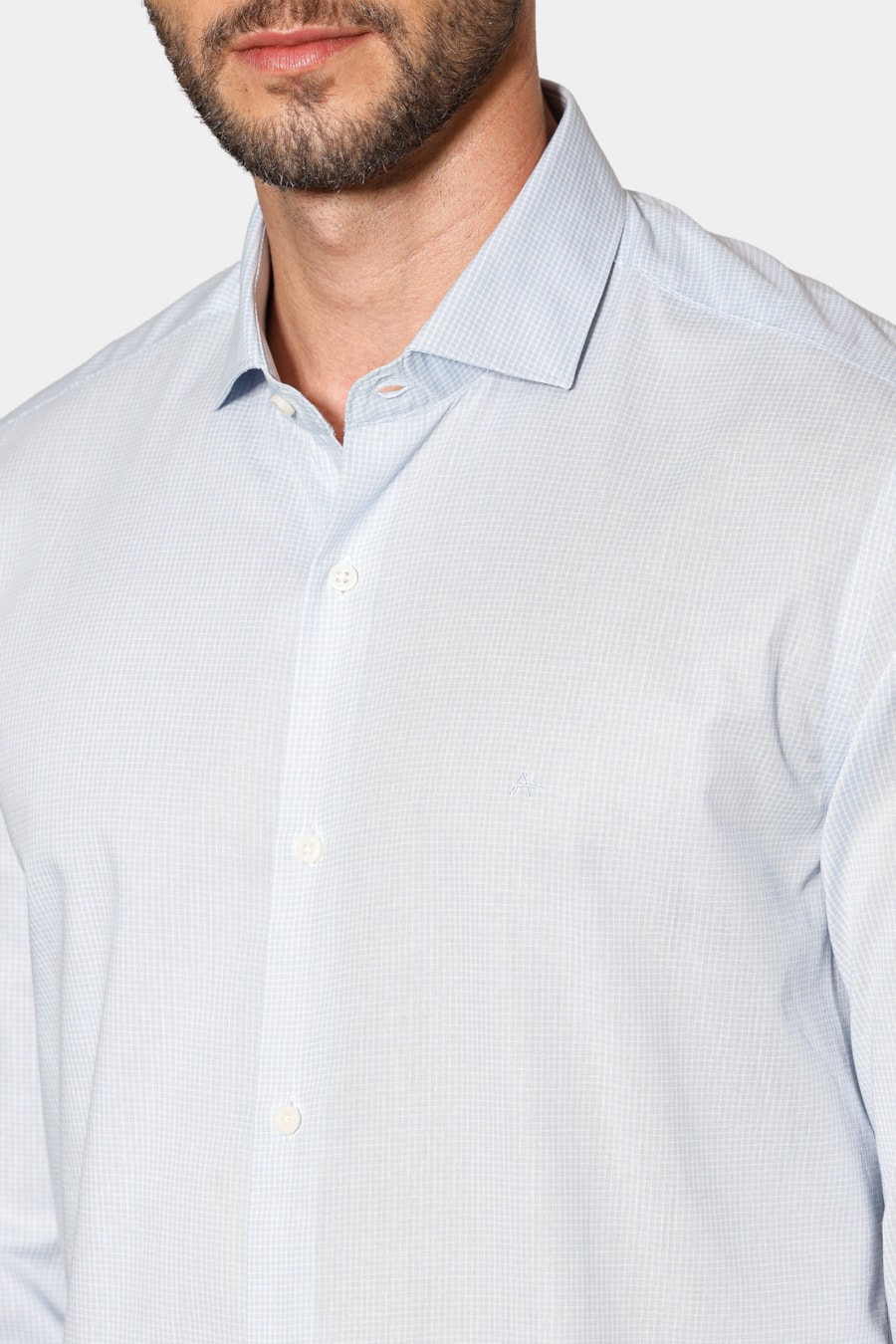 Camisa Manga Longa Regular Mini Xadrez Azul Claro C/Branco — foto 3 de 6