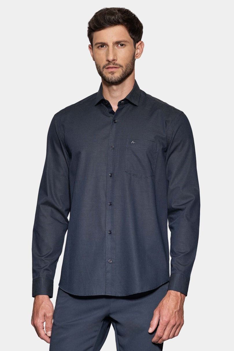 Camisa Manga Longa Regular Mini Xadrez Bolso Preto C/ Chumbo