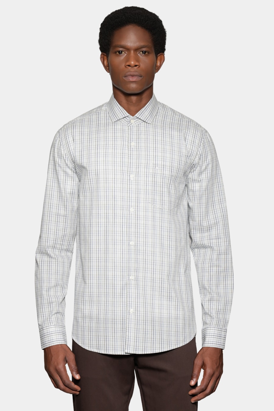 Camisa Manga Longa Regular Mini Xadrez Branco C/Azul — foto 1 de 6