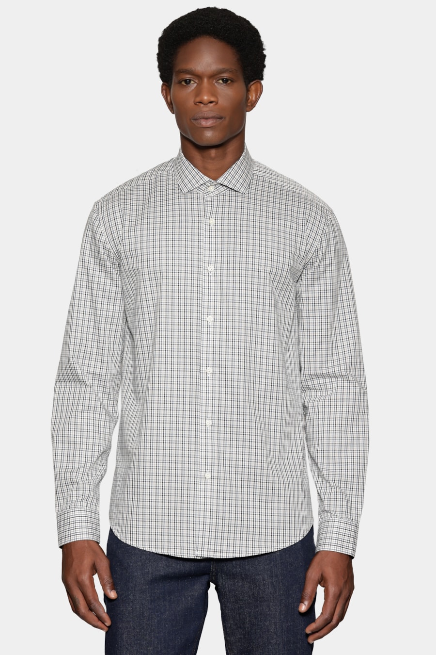Camisa Manga Longa Regular Mini Xadrez Branco C/Cinza — foto 1 de 7