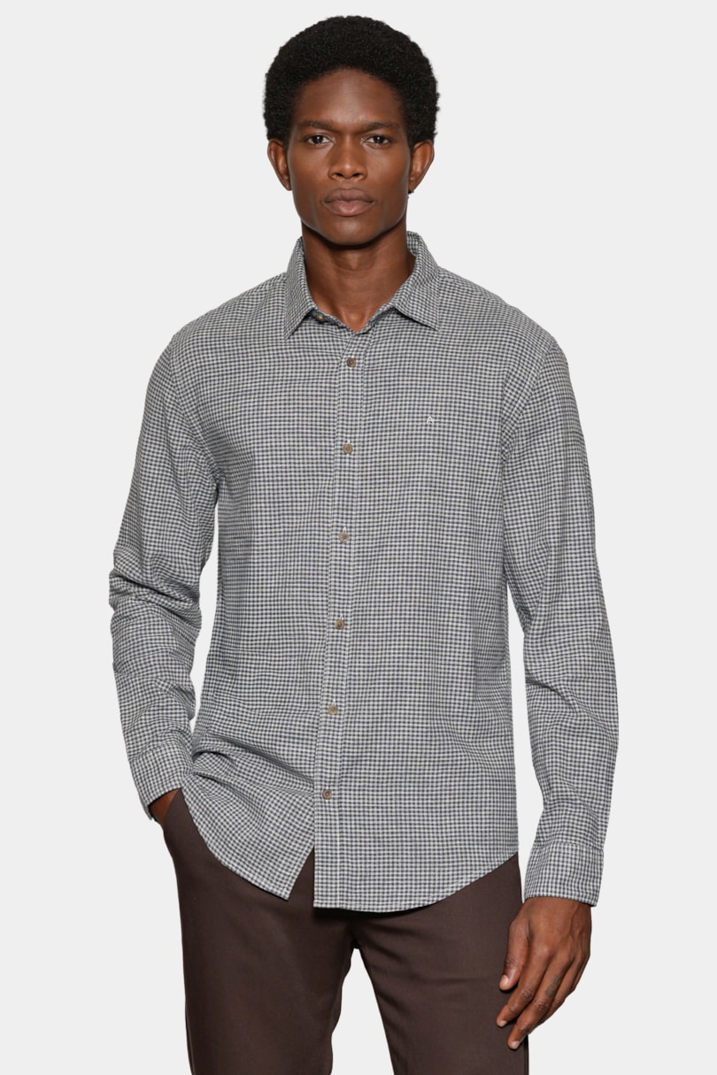 Camisa Manga Longa Regular Mini Xadrez Mescla Azul/Cinza