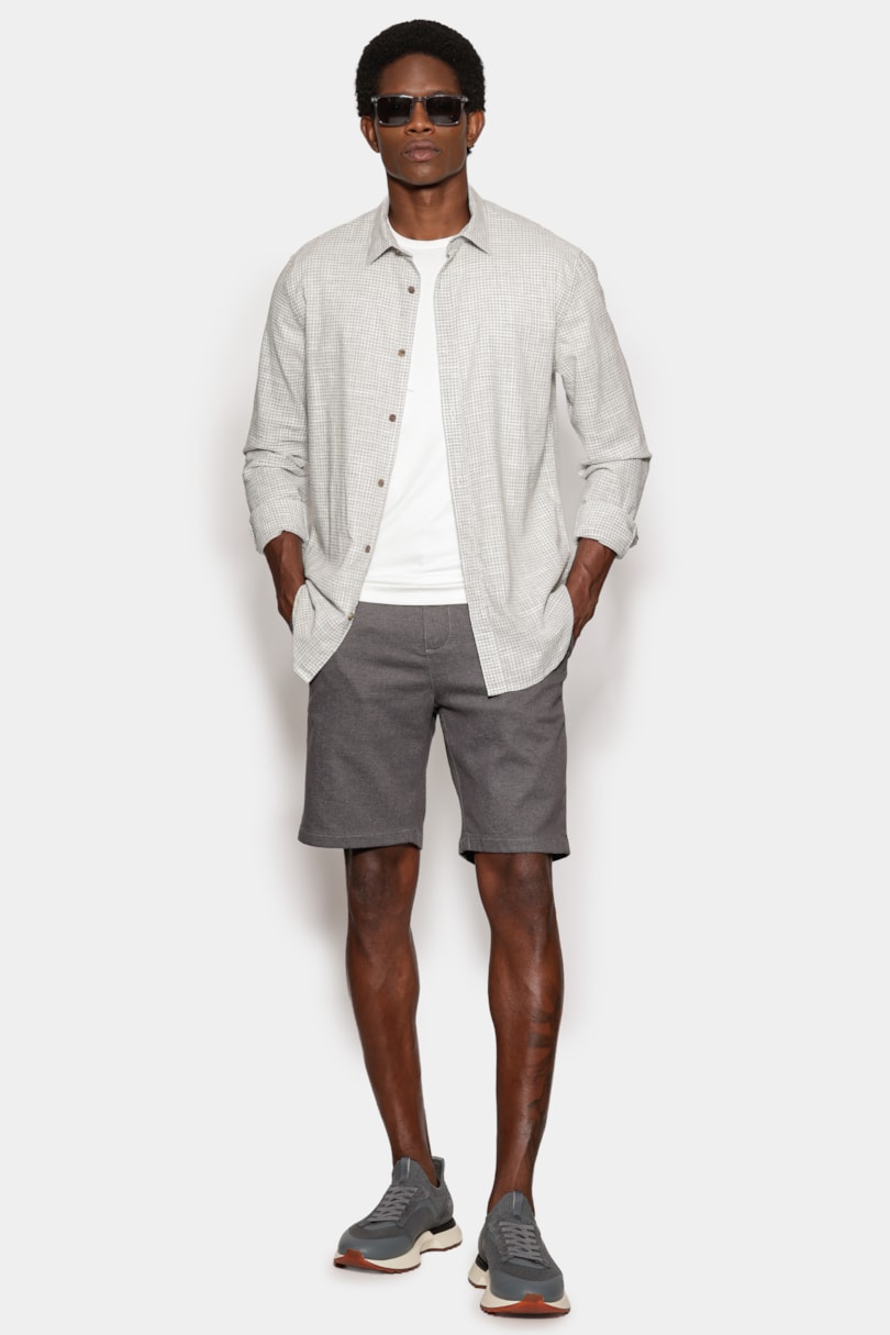 Camisa Manga Longa Regular Mini Xadrez Mescla Branco C/Cinza