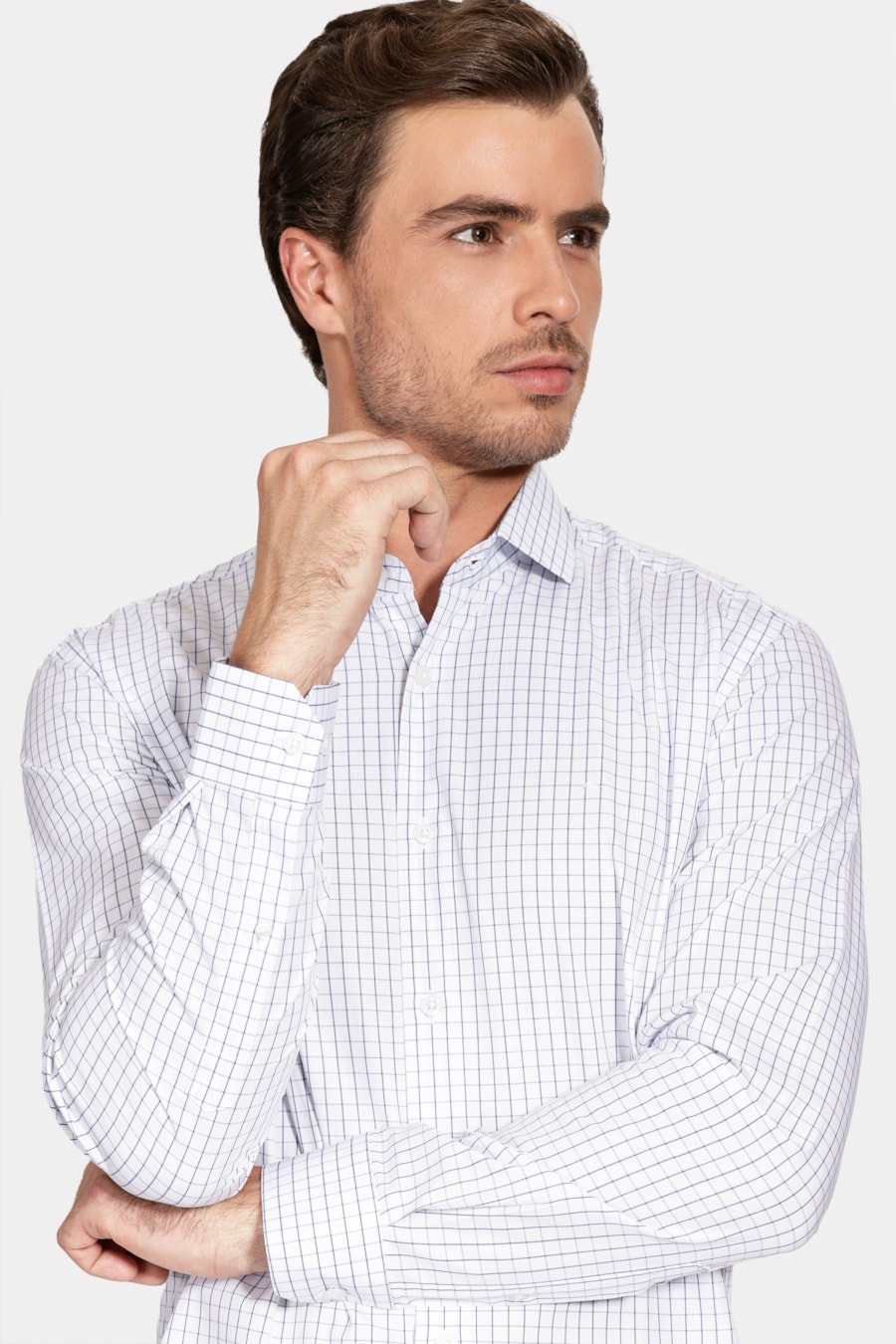 Camisa Manga Longa Regular Moscou Xadrez Branco C/Azul — foto 3 de 6